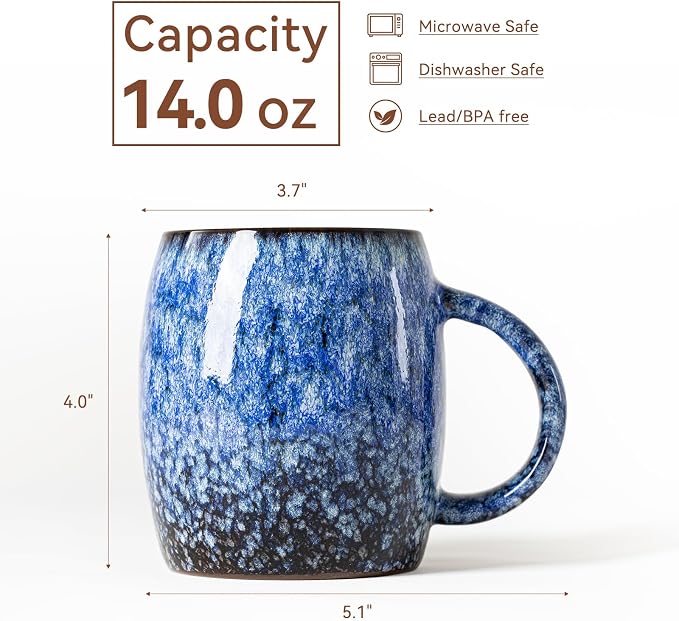 Sakura Blue Reactive Glaze Ceramic Coffee Mug - 14 oz Unique Mug with Ergonomic Handle, Large Ceramic Mug for Coffee, Tea, Milk - Great Birthday Gift for Women, Men, Friends, Home & Office Use