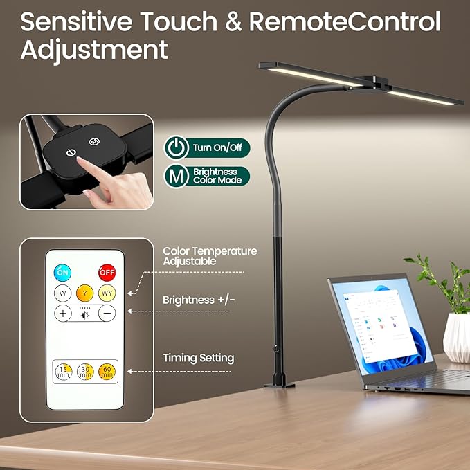LED Desk Lamp with Wireless Remote, Dual Screen Computer Monitor Desk Lamps for Home Office, Eye Protection Modern Table Light Adjustable Flexible Gooseneck, for Architect Studio Working Reading