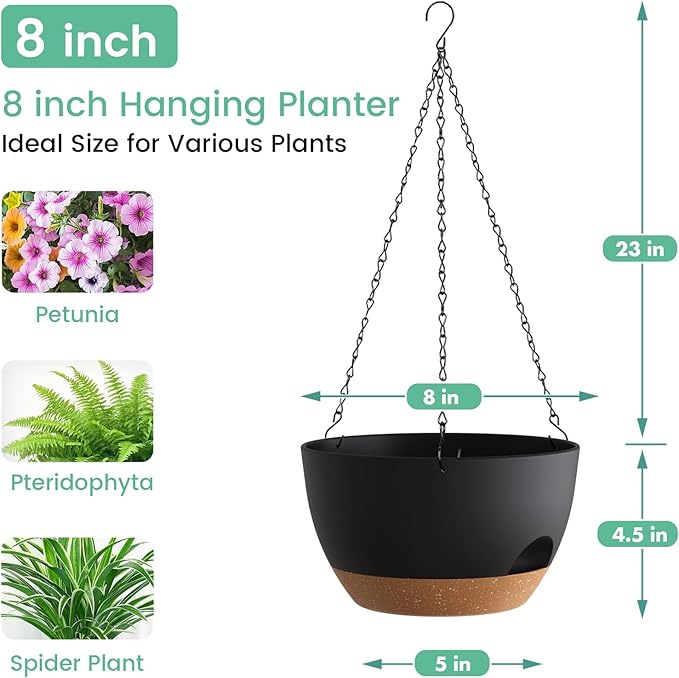 4 Pack 8 Inch Self Watering Hanging Planters for Indoor Outdoor Plants,Hanging Pots for Plants with Drainage Removable Tray, Hanging Baskets Flower Pots for Pothos Spider Garden Black with Brown