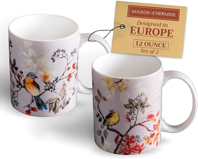 Maison d' Hermine Coffee Mug with Handles Tea Cups (12 Ounce, Pack of 2) | Fine Bone China Coffee Mugs for Hot Beverages Cappuccino Latte Home Restaurant Hotel Spring Summer -Equinoxe - Grey