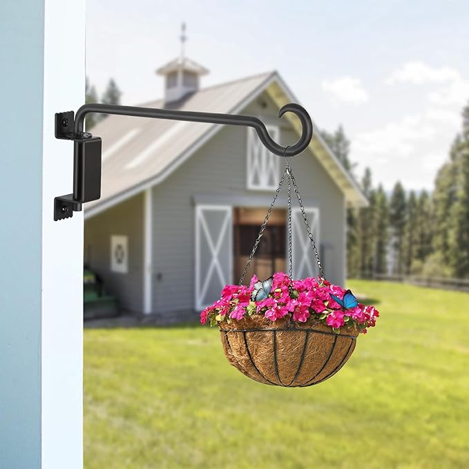 12 Inch Outdoor Hanging Brackets - 360° Swivel Plant Hanger with 12-Directional Adjustable Hook, Rust Resistant Solid Steel Wall Mount for Bird Feeders, Indoor/Outdoor Plants, Garden & Patio