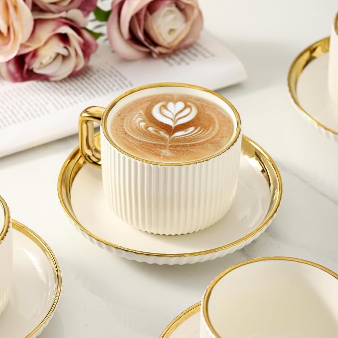 LETAOTAO Cappuccino Cups with Saucers, 8oz Ceramic Coffee Cups with Saucers Set, Latte Art Coffee Mugs with Gold Trim, Tea Cups Set of 4, British/Italian Coffee cups for Cafe Mocha, Double Espresso