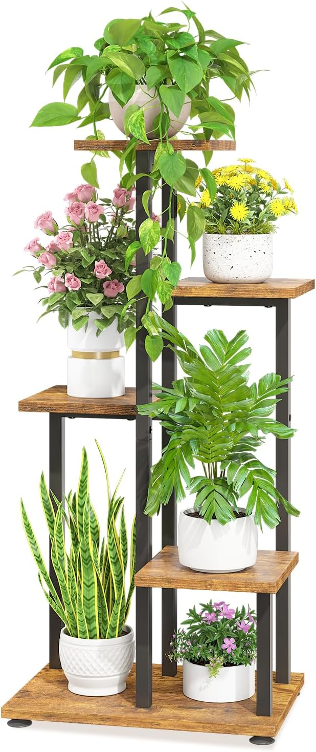 LASZOLA Black 5 Tiered Wood Plant Stand Indoor for Large Heavy Duty Planter, Sturdy Multi Level Corner Vertical Flower Rack for Narrow House, Rustic Tall Orchid Shelving Holder for Decor, Space Saving