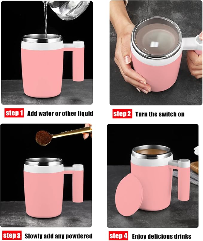 Self Stirring Mug,Rechargeable Auto Magnetic Coffee Mug with 2Pc Stir Bar,Waterproof Automatic Mixing Cup for Milk/Cocoa at Office/Kitchen/Travel 14oz Best Gift - Pink