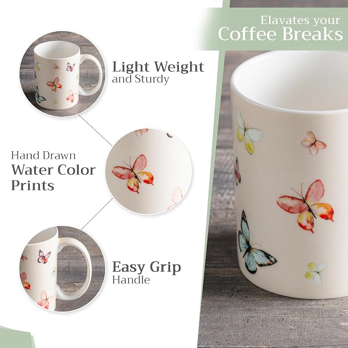 Maison d' Hermine Coffee Mug with Handles Tea Cups (12 Ounce, Pack of 1) | Fine Bone China Coffee Mugs for Hot Beverages Cappuccino Latte Home Restaurant Spring Summer -Botanical Fresh - Butterflies