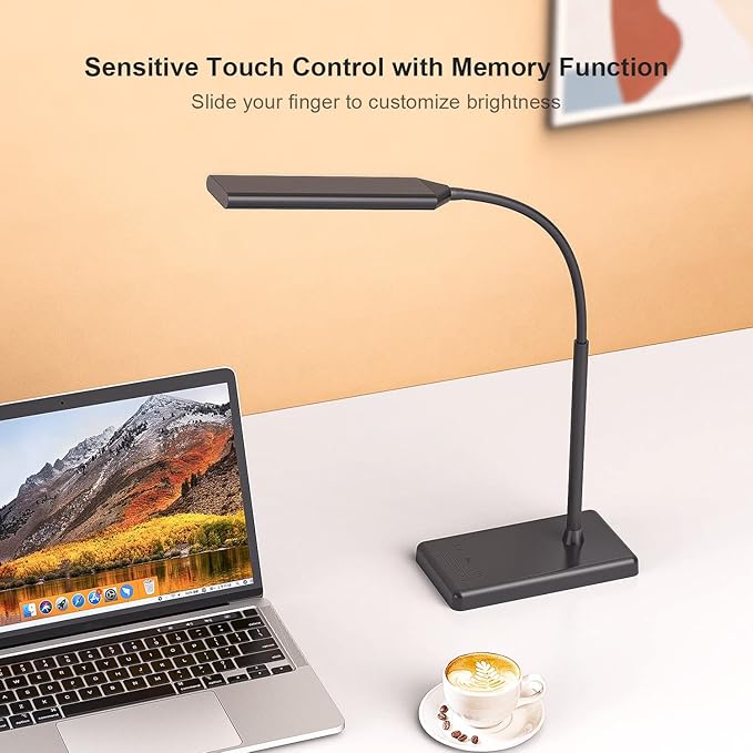 KEXIN LED Desk Lamp Touch Control Desk Lamp with USB Charging Port 5 Color Modes 6 Brightness Levels Dimmable Eye-caring Office Lamp with Memory Function 1h Timer Adjustable Gooseneck Table Lamp Black