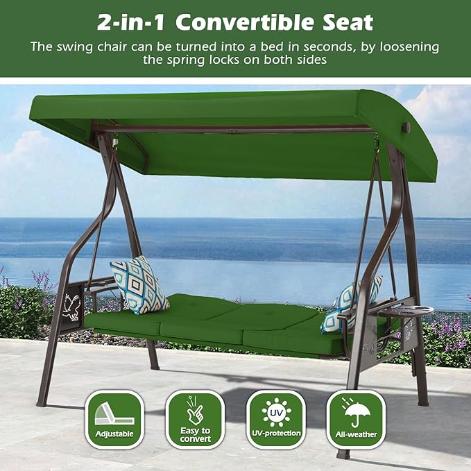3-Seat Outdoor Porch Swing with Stand Patio Swing with Canopy 2 in 1 Porch Swing Bed & Patio Swing Chair for Adult w/Extra Pillows and Cup Holder for Yard(Green)