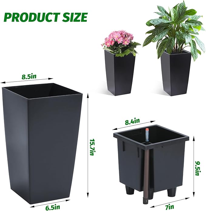 GarveeLife 16 in Tall Planters Set of 2, Outdoor&Indoor Black Planter Pots, High Front Porch Planter Pots with Drainage Holes&Water Level Monitor&Inner Bucket, Automatic Watering,Black