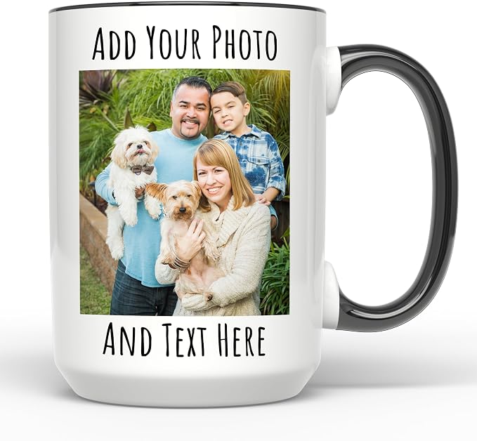 Personalized Coffee Mug 15 Oz, Custom Picture Text or Logo Ceramic Mug, Customized Gift for Men & Women, Taza Personalizada with Photo and Words, Customizable Large Tea Cup | White - Black