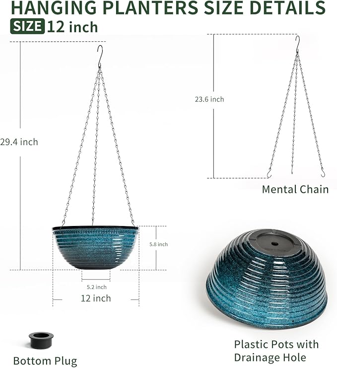 12 inch Large Hanging Planters for Indoor Outdoor Plants, Set of 2 Glazed Hanging Flower Pots with Drainage Hole, Hanging Baskets for Garden Home Porch Decor