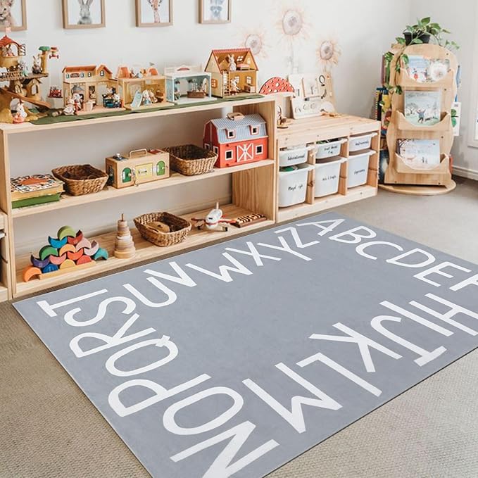 Topotdor Kids Play Rug Alphabet Nursery Area Rug Extra Large Soft Crawling Play Mat for Children Toddlers Bedroom (47x70 inch,Grey)