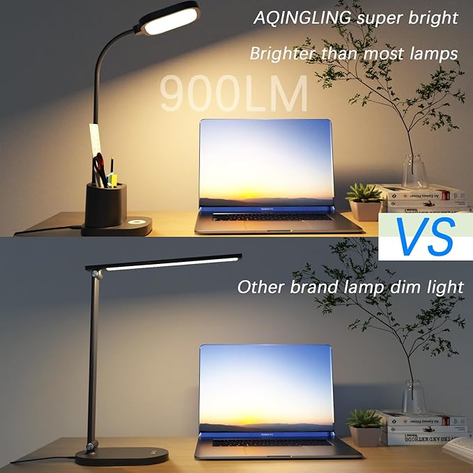 LED Desk Lamp for Home Office with USB Charging Port, Rechargeable Powered Table Lamp Battery Operated Cordless Reading Lamp, Pen Holder, 3 Way Dimmable, Bright, Tall, Flexible, Gooseneck, Black