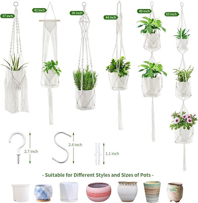 Macrame Plant Hangers, 6Pack Hanging Planters for Indoor Plants w/ 6 Set Hangers Kit Handmade Macromay Plant Hangers Indoor Flower Pots Holder Stand for Boho Home Décor (POTS NOT Included)