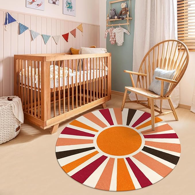 Round Washable Rug 4 Ft Small Round Rug for Kids Room, Orange Sun Circle Rug for Playroom, Non-Slip Circular Office Carpet Soft Rainbow Rug for Bedroom Reading Corner Dorm