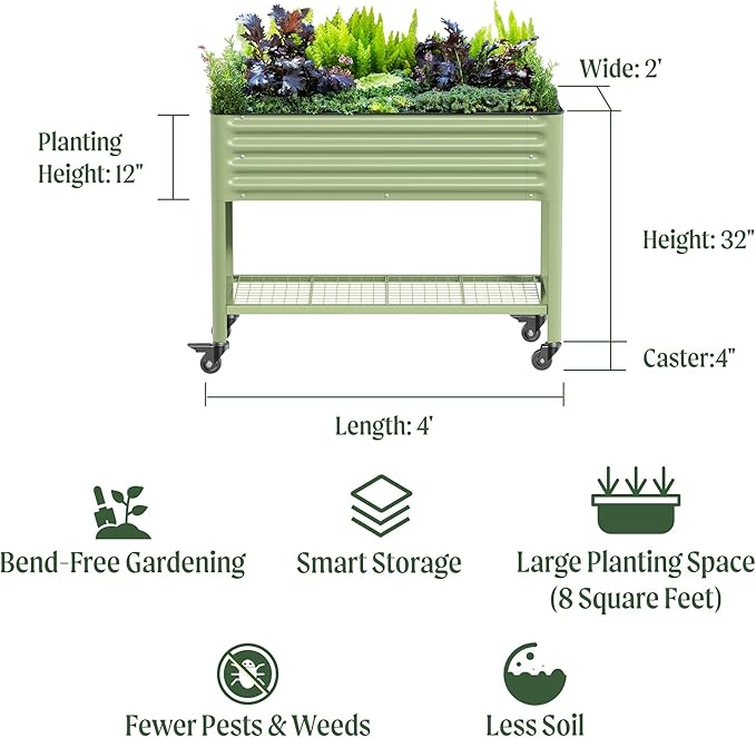 Rolling Elevated Raised Garden Bed-V Series, 2' x 4' Garden Beds with Legs & Storage Rack for Patio & Porch, 700 Lbs Weight Capacity, Outdoor Planter Box for Vegetables Flower Herbs, Modern Gray
