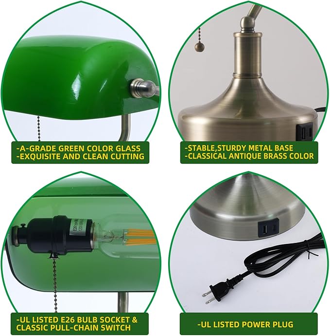 Banker Desk Lamp Green Glass, Antique Desk Lamps with Brass Base, Traditional Library Table Lamp with USB A and Type C Charging Port for Office, Study Room, Pull Chain Switch