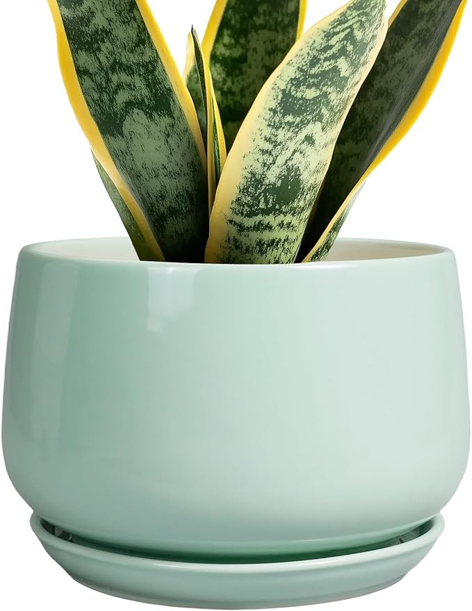 G EPGardening Ceramic Plant Pots - 7 Inch Planter for Indoor Outdoor Plants, Ceramic Planter with Drainage and Saucer, Round Modern Flower Pots, House Decor, Gift for Men Women, Green