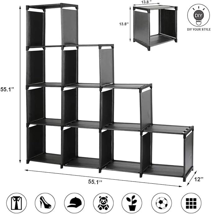 10-Cube Storage Organizer Rack, Staircase Organizer Modular Bookcase, DIY Storage Organizer Closet Shelf, Bookcase in Living Room, Bedroom for Toys and Daily Necessities, Black