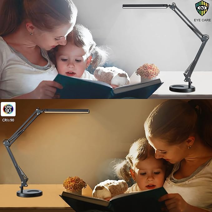 LED Desk Lamp with Clamp and Round Base,Eye Caring Table Lamp with Swing Arm,3 Color Modes 10 Brightness Levels,Memory Function, Desk Light for Home Office with USB Adapter Black-14W