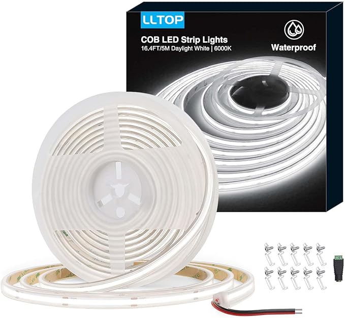 COB LED Strip Lights Waterproof IP67 DC24v Daylight White 6000K 16.4ft/5m High CRI 92Ra+ Outdoor LED Tape Lighting DIY Cuttable for Bedroom Kitchen Cabinet Shelf (Power Supply Not Included)