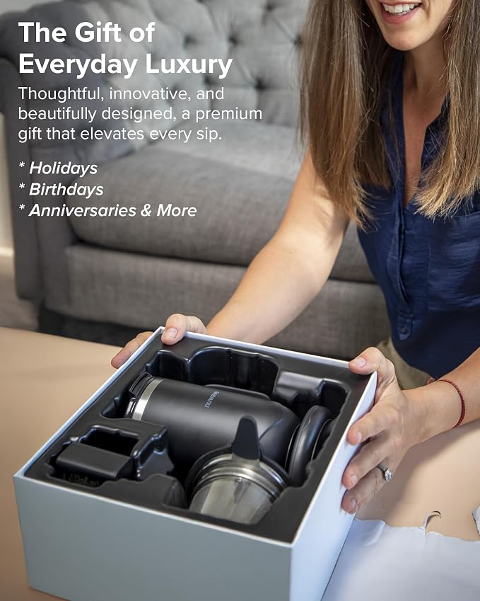 Nuwave Self-Heating Coffee Mug with Charging Base, 16oz, 45201BV02 | Heated Coffee Cup, 5Hr Cordless Runtime, LED Touch Controls, Adjustable Brew Settings, Includes Stainless Steel Filter