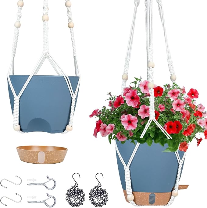 Hanging Planters for Indoor Plants 8 Inch, 2 Pack Hanging Baskets for Plants, Self Watering Hanging Flower Pots with Drainage Hole & 2 Kinds of Plant Hangers for Garden Home Decor (Navy Blue, 8 inch)
