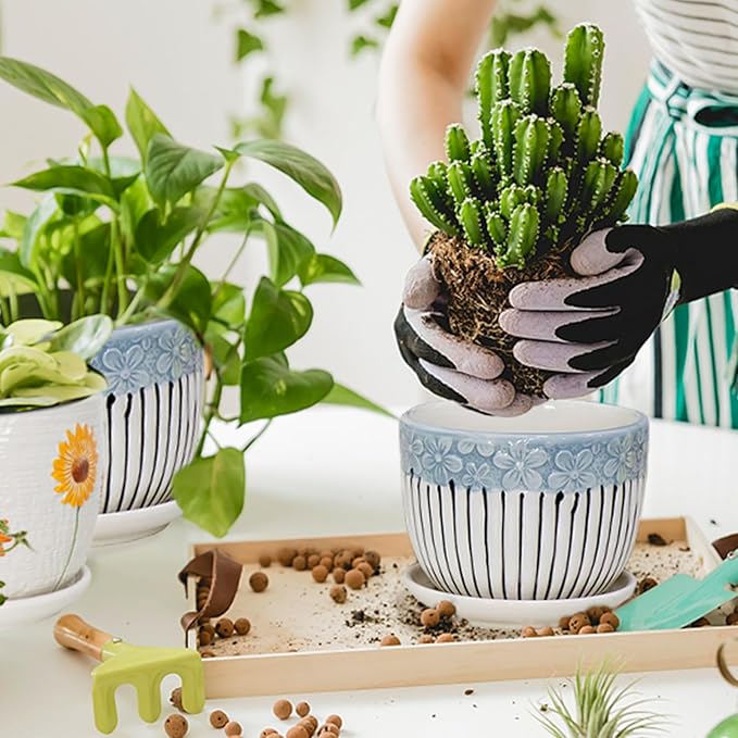 Ceramic Plant Pots Set of 3, 6.75/5.6/4.2 inch Planters with Drainage Holes and Saucer, Flower Pot Outdoor Indoor, Modern Decorative Planters for House Plants Garden Planters Succulent Pots