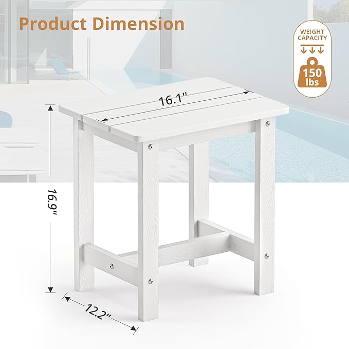 LUE BONA Outdoor Side Table, HDPS Small Outdoor Adirondack Side Tables, Outside End Table for Patio, Porch, Deck, Weather Resistant/Easy Maintenance, White