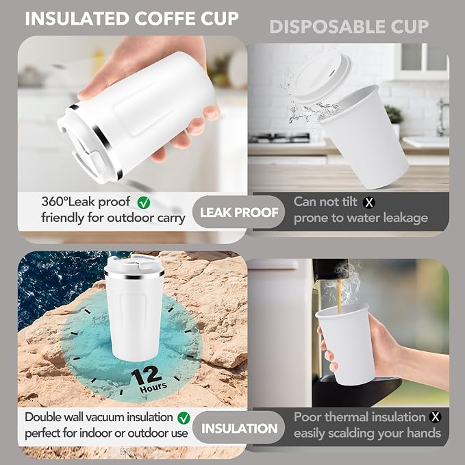 Volhoply 12 oz Double Wall Insulated Vacuum Travel Coffee Mugs with Flip Lid Bulk 2 Pack,Reusable Stainless Steel Leak Proof Coffee Cup,Portable Thermal Tumbler for Cold & Hot Drinks(Assorted,2 Set)
