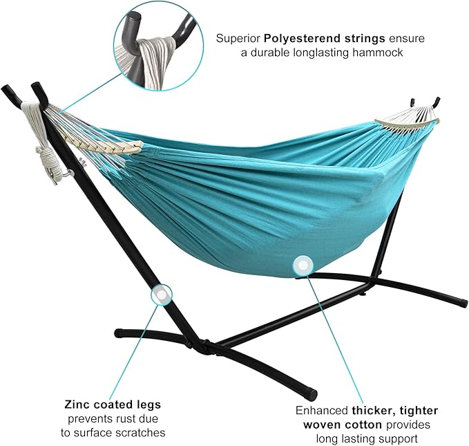 SZHLUX Double Hammock with Stand Included 450lb Capacity Steel Stand, Premium Carry Bag Included.Indoor Outdoor Brazilian-Style Cotton Bed for Backyard, Camping,Garden