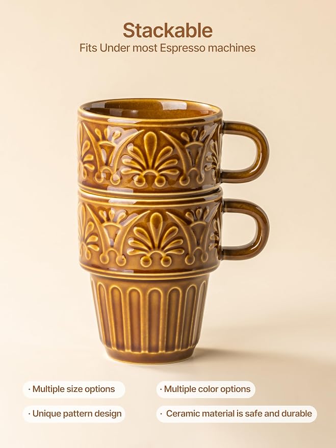 Ceramic Coffee Cups, Coffee Mugs Set of 4, 12 OZ Ceramic Mugs, Stackable Mug, Brown, Microwave & Dishwasher Safe for Hot Drinks Cocoa Latte, Perfect for Daily Use Gathering & All Holiday Gifts
