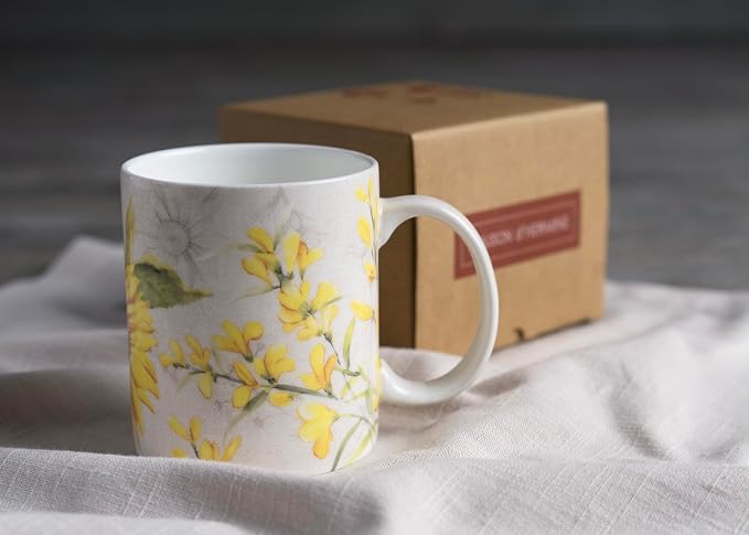 Maison d' Hermine Coffee Mug with Handles Tea Cups (12 Ounce, Pack of 1) | Fine Bone China Coffee Mugs for Hot Beverages Cappuccino Latte Home Restaurant Hotel Spring Summer -Candice - Helianthe