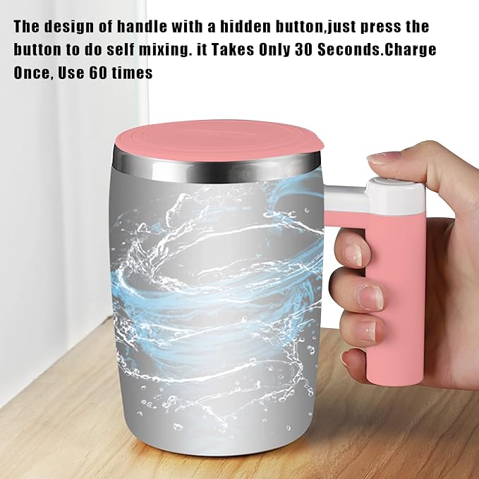 Self Stirring Mug,Rechargeable Auto Magnetic Coffee Mug with 2Pc Stir Bar,Waterproof Automatic Mixing Cup for Milk/Cocoa at Office/Kitchen/Travel 14oz Best Gift - Pink
