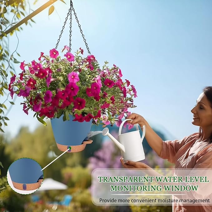 Hanging Planters for Indoor Plants 8 Inch, 2 Pack Hanging Baskets for Plants, Self Watering Hanging Flower Pots with Drainage Hole & 2 Kinds of Plant Hangers for Garden Home Decor (Navy Blue, 8 inch)