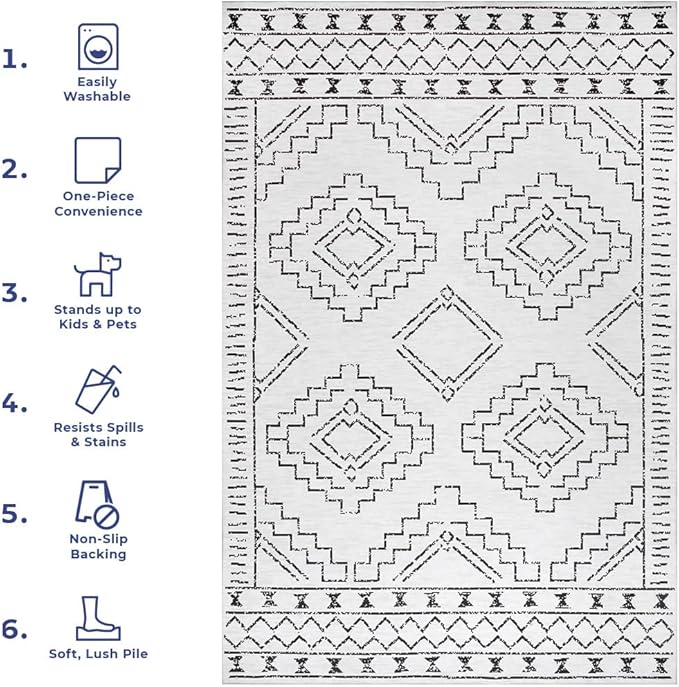 nuLOOM Noa Machine Washable Tribal Moroccan Accent Rug, 3' x 5', Ivory, Rectangular, 0.1" Thick