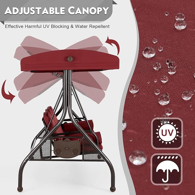 HOMREST 3 Seat Outdoor Porch Swing with Adjustable Canopy, Convertible Patio Swing Bed with Stand, Patio Glider Swing with Upgraded Cup Holder, Thicken Cushions & Pillow for Backyard (Wine Red)