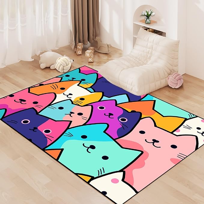 Cat Rug for Girls Bedroom - Cat Area Rug Cartoon Cat Rug Carpet for Kids Room Cute Cat Rugs Room Decor Colorful Anime Rug with Cat Printed, 4x5 Feet