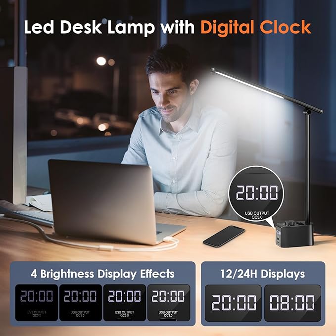 Desk Lamp for College Dorm Room,55 Lighting Modes Dorm Lamp for Dorm Desk Lamp,700 Lumen LED Desk Lamp with USB Charging Port,Desk Light with Clock+Pen Holder,Desk Lamps for Home Office Lamp for Desk