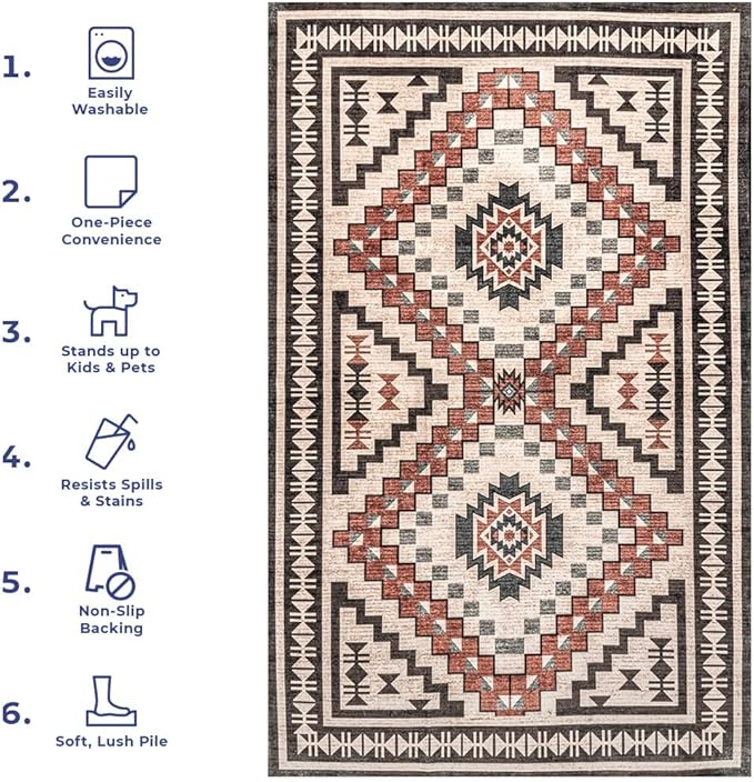 nuLOOM Leighton Machine Washable Southwestern Medallion Ultra Thin Area Rug, 5x8, Beige