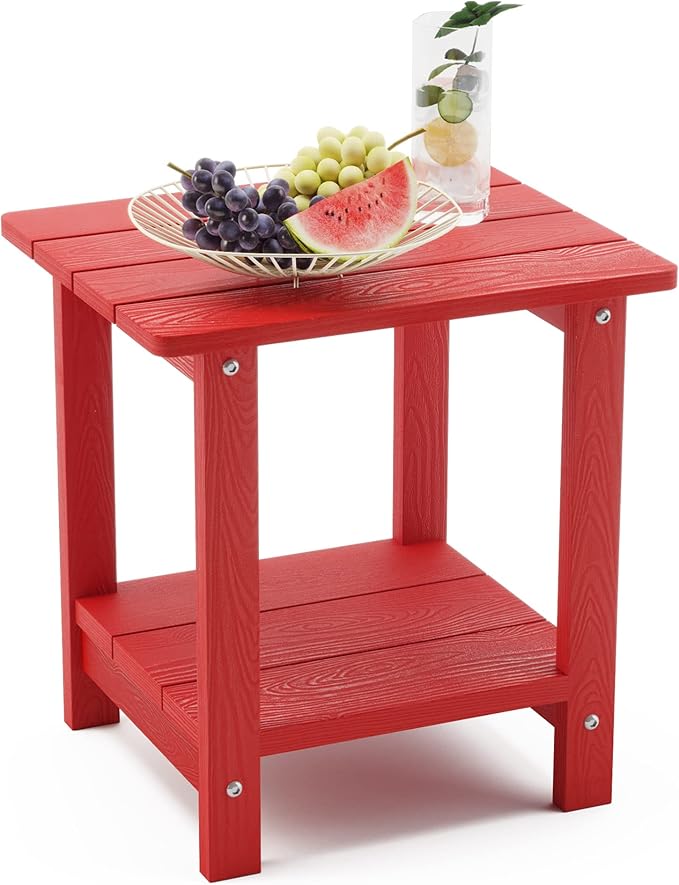 LUE BONA Adirondack Outdoor Side Table, 2-Tier Bright Red HDPS Patio End Table Weather Resistant, Morden Side Table for Patio, Pool, Porch