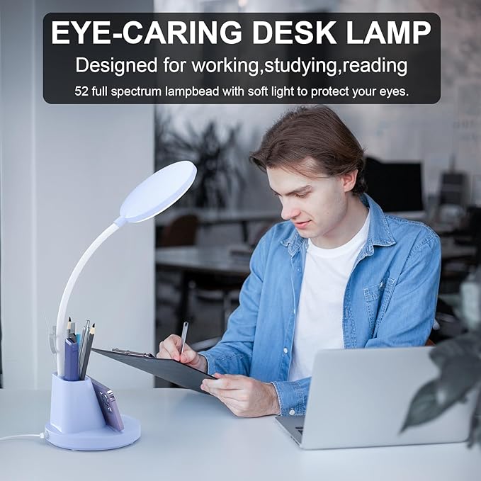 comzler LED Desk Lamp with Wireless Charger Pen Phone Holder, Blue Desk Lamp for Home Office, Dimmable Desk Light 3 Color Modes, College Dorm Study Lamp for College Dorm, CRI 90 800 Lumen