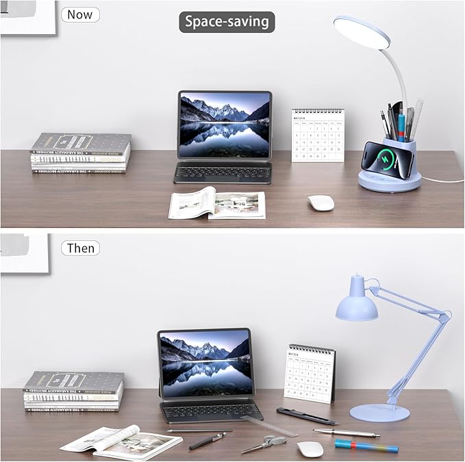 comzler LED Desk Lamp with Wireless Charger Pen Phone Holder, Blue Desk Lamp for Home Office, Dimmable Desk Light 3 Color Modes, College Dorm Study Lamp for College Dorm, CRI 90 800 Lumen