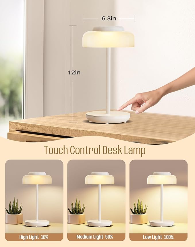 QiMH Battery Operated LED Table Lamp, 5000mAh Cordless Desk Lamp with 3 Level Brightness Touch Control, Mini Rechargeable Night Light for living room, Bedroom, outdoor bar (White)