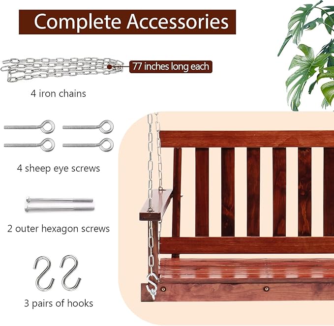 Outdoor Wooden Porch Swing 4Ft Patio Porch Swing Bench 800 LBS Load-Bearing Capacity Swing Chair Two-Person Seating with Adjustable Hanging Chains, Durable Swing Bench for Courtyard, Garden, Backyard