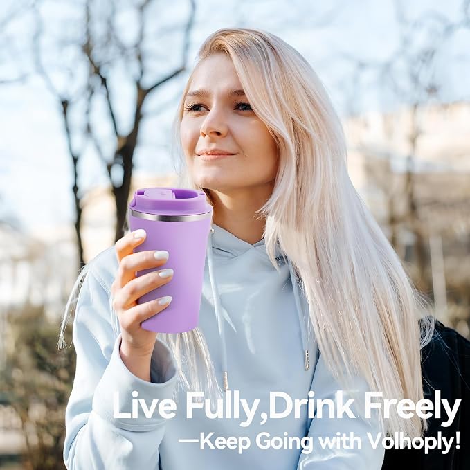 Volhoply 12 oz Double Wall Insulated Vacuum Travel Coffee Mug with Flip Lid,Reusable Stainless Steel Leak Proof Coffee Cup,Portable Cafe Thermal Tumbler Suitable for Hot & Cold Drinks(Purple,1 Set)
