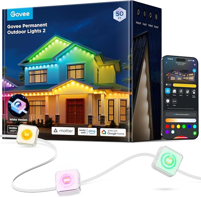 Govee Permanent Outdoor Lights 2, 50ft RGBIC Outdoor Lights with 36 LED Lights, IP67 Waterproof, 100 Scene Modes with 40lm White for Outdoor Decorations, Works with Alexa, Google Assistant, White
