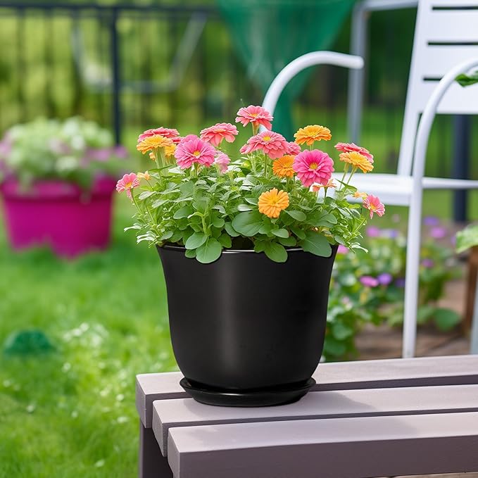 8 Inch Plant Pot - Ceramic Pots for Plants with Drainage Hole and Saucer, Round Planter for Indoor Outdoor, Modern Flower Pot, Gifts for Plant Lovers, Home Room Garden Porch Decor, Black