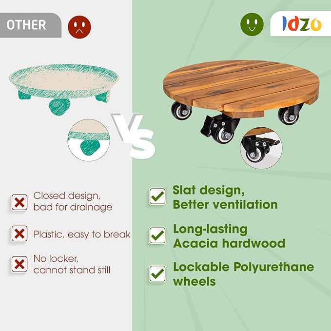 Idzo 16inches Capacity 500lbs Wood Plant Caddy With Wheels Heavy Duty, Acacia Hardwood Plant Dolly, Plant Stand with 360° Lockable Wheels for Plant Pots, Heavy Objects Hauling - Natural Wood