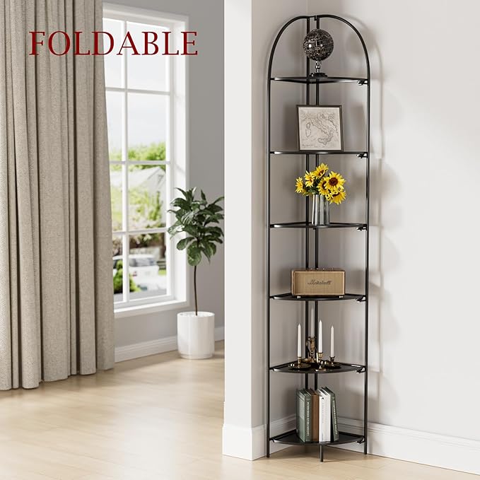 Crofy Foldable 6 Tier Corner Shelf, Metal Corner Plant Stand with Black Frame and Black Shelves, Corner Display Rack Multipurpose Shelving Unit for Living Room, Bedroom, Bathroom