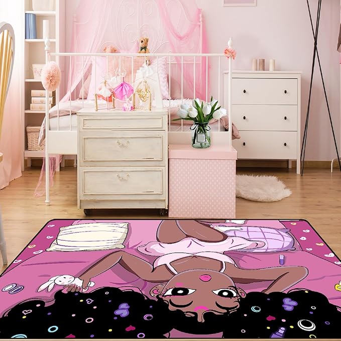 Black Magic Girls for Bedroom Large Cute African American Girls Floor Rugs for Bedroom Black Magic Girl Area Rug Girls Room Decor Pink Room Decor for Teen Girls, 5'×7'